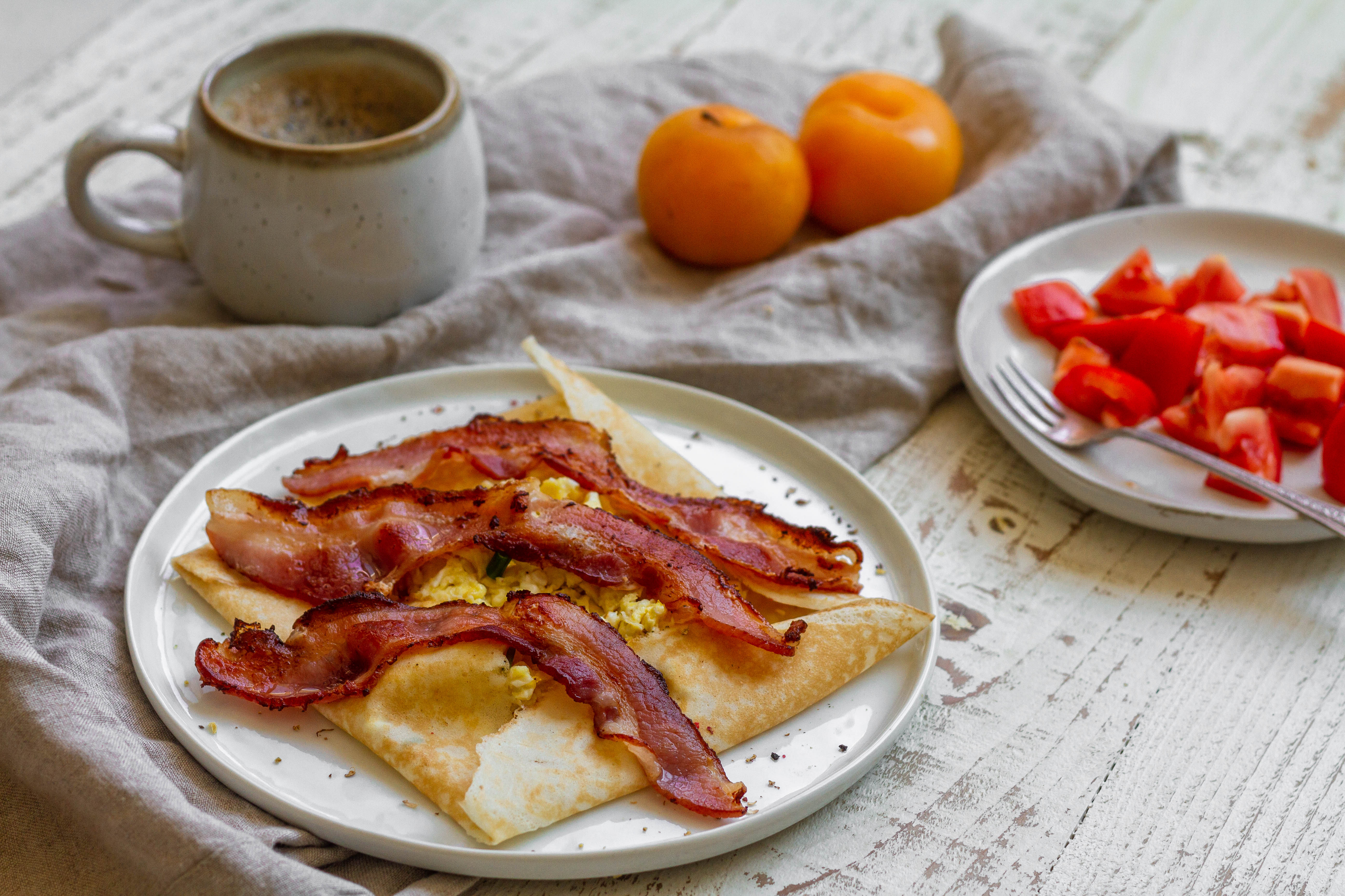 scrambled eggs and bacon crepe