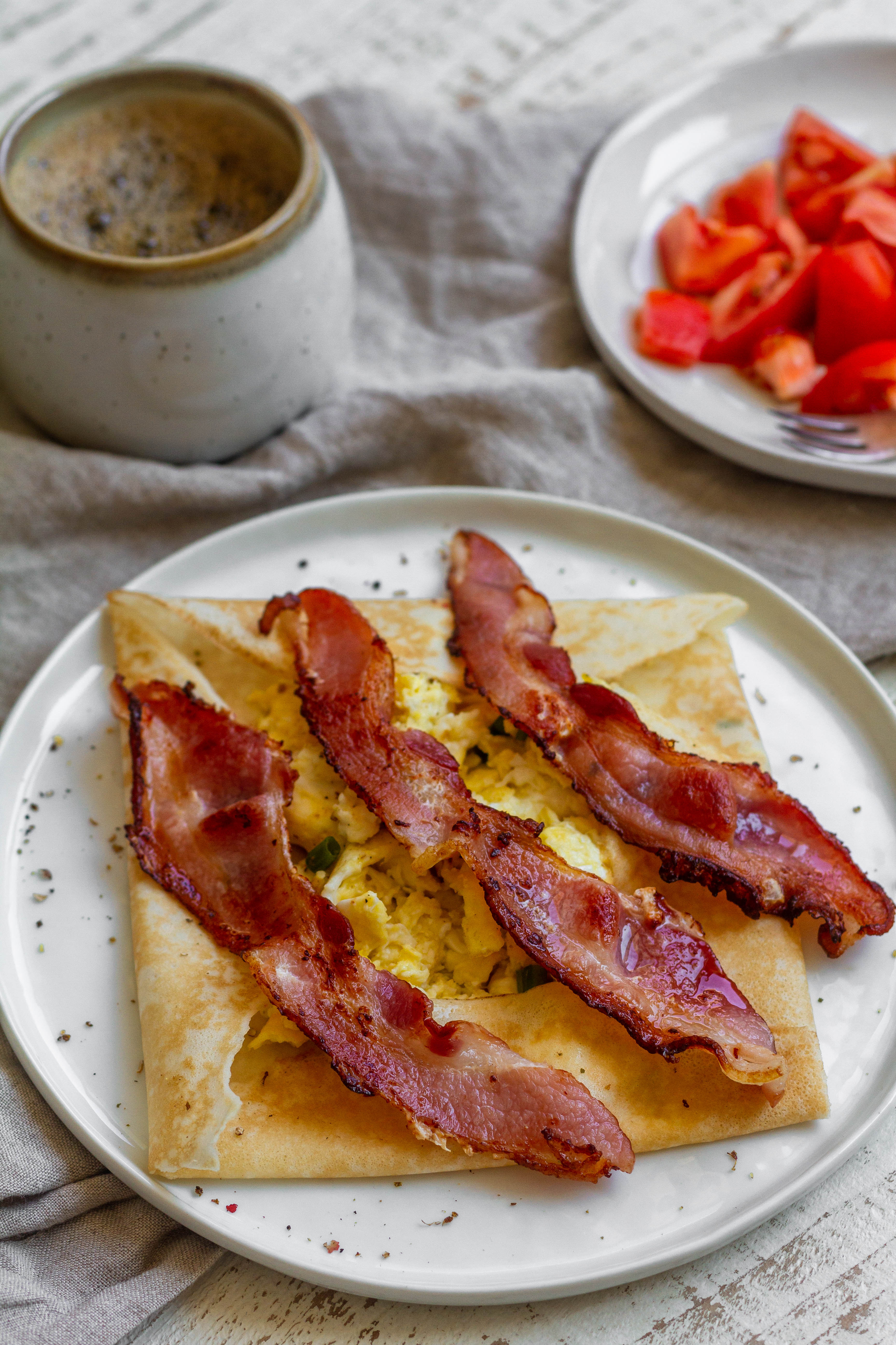 scrambled eggs and bacon crepe